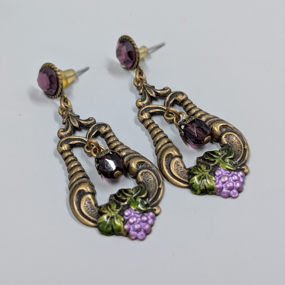Grape Design Genuine Crystal Accent Vintage Brass Earrings